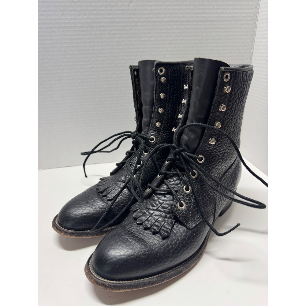 Justin Mens Black Pebbled Leather Lace Up Kiltie Roper Boots 522 USA 7.5 C